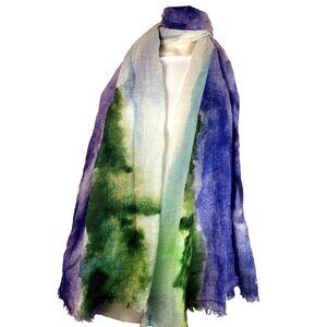 $450 Black Goat Cashmere Oblong large Scarf Shawl Watercolor Abstract Landscape